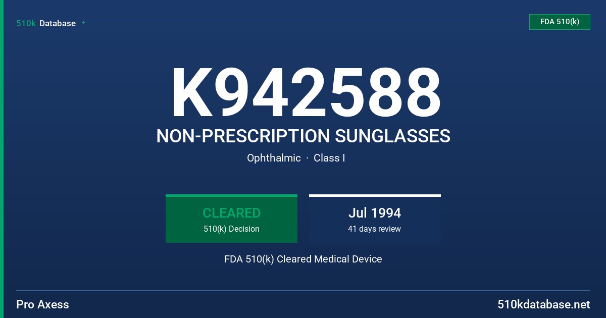 K942588 NON-PRESCRIPTION SUNGLASSES FDA 510(k) Cleared Medical Device