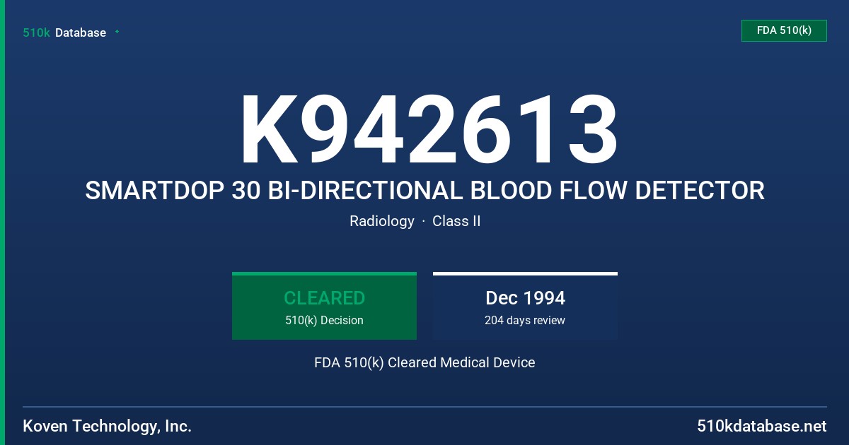 K942613 SMARTDOP 30 BI-DIRECTIONAL BLOOD FLOW DETECTOR FDA 510(k) Cleared Medical Device