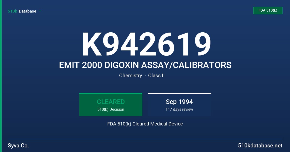 K942619 EMIT 2000 DIGOXIN ASSAY/CALIBRATORS FDA 510(k) Cleared Medical Device