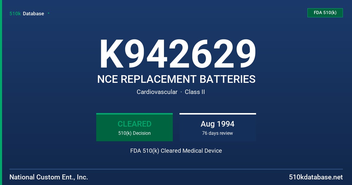 K942629 NCE REPLACEMENT BATTERIES FDA 510(k) Cleared Medical Device