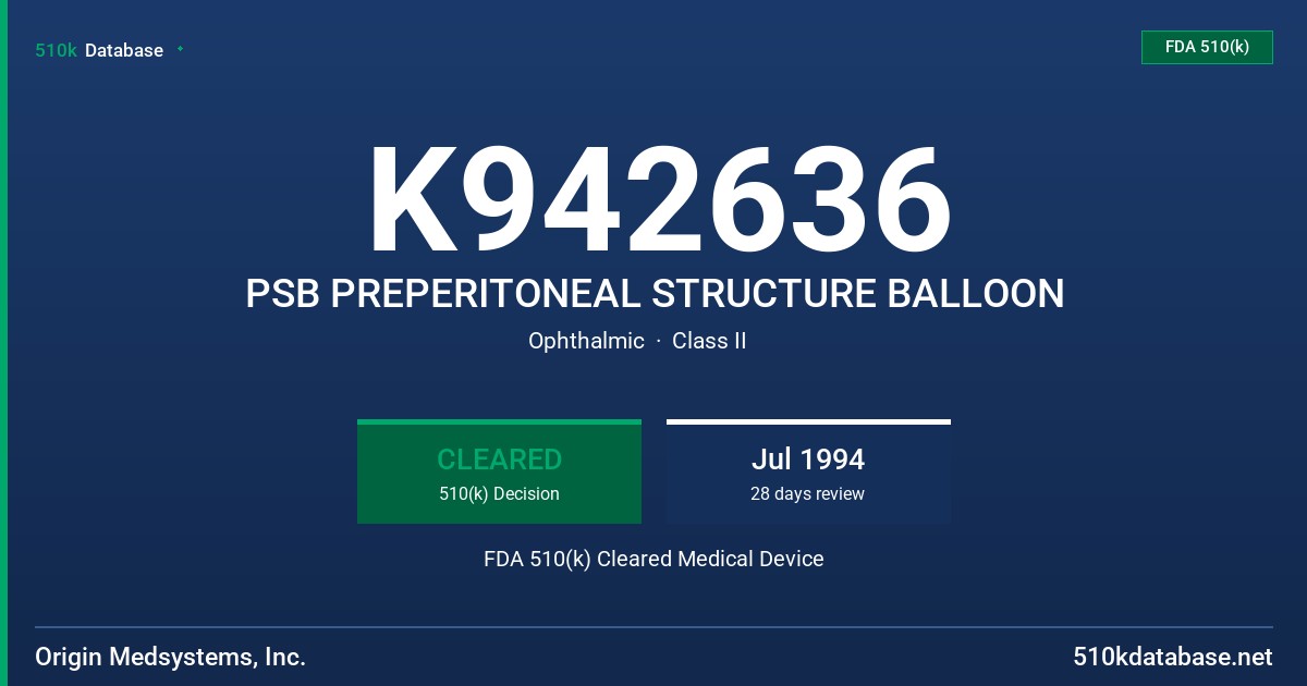 K942636 PSB PREPERITONEAL STRUCTURE BALLOON FDA 510(k) Cleared Medical Device