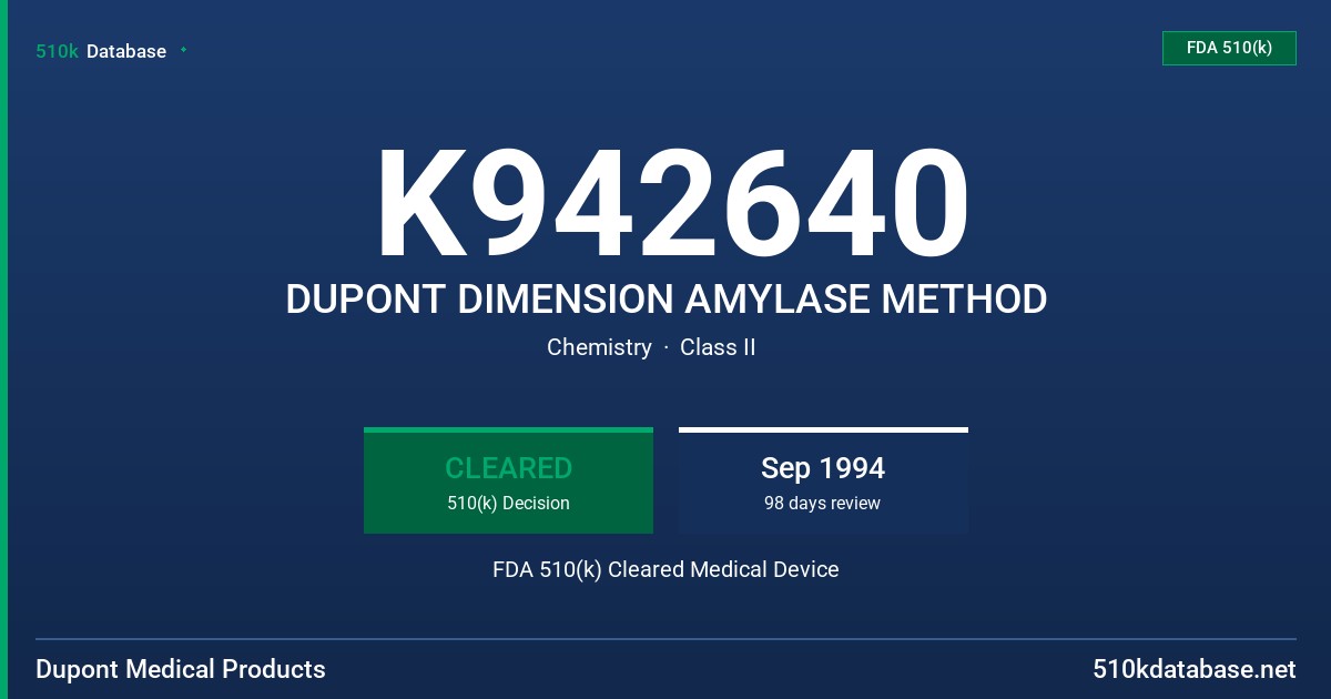 K942640 DUPONT DIMENSION AMYLASE METHOD FDA 510(k) Cleared Medical Device