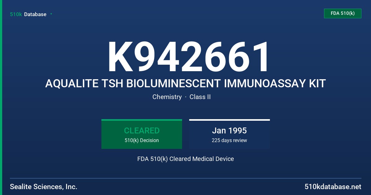K942661 AQUALITE TSH BIOLUMINESCENT IMMUNOASSAY KIT FDA 510(k) Cleared Medical Device