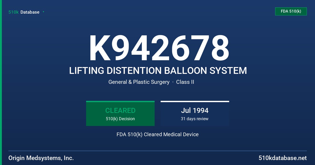 K942678 LIFTING DISTENTION BALLOON SYSTEM FDA 510(k) Cleared Medical Device
