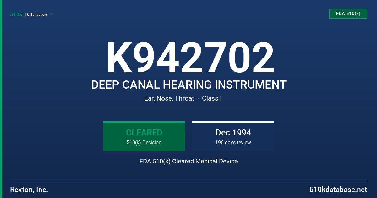 K942702 DEEP CANAL HEARING INSTRUMENT FDA 510(k) Cleared Medical Device