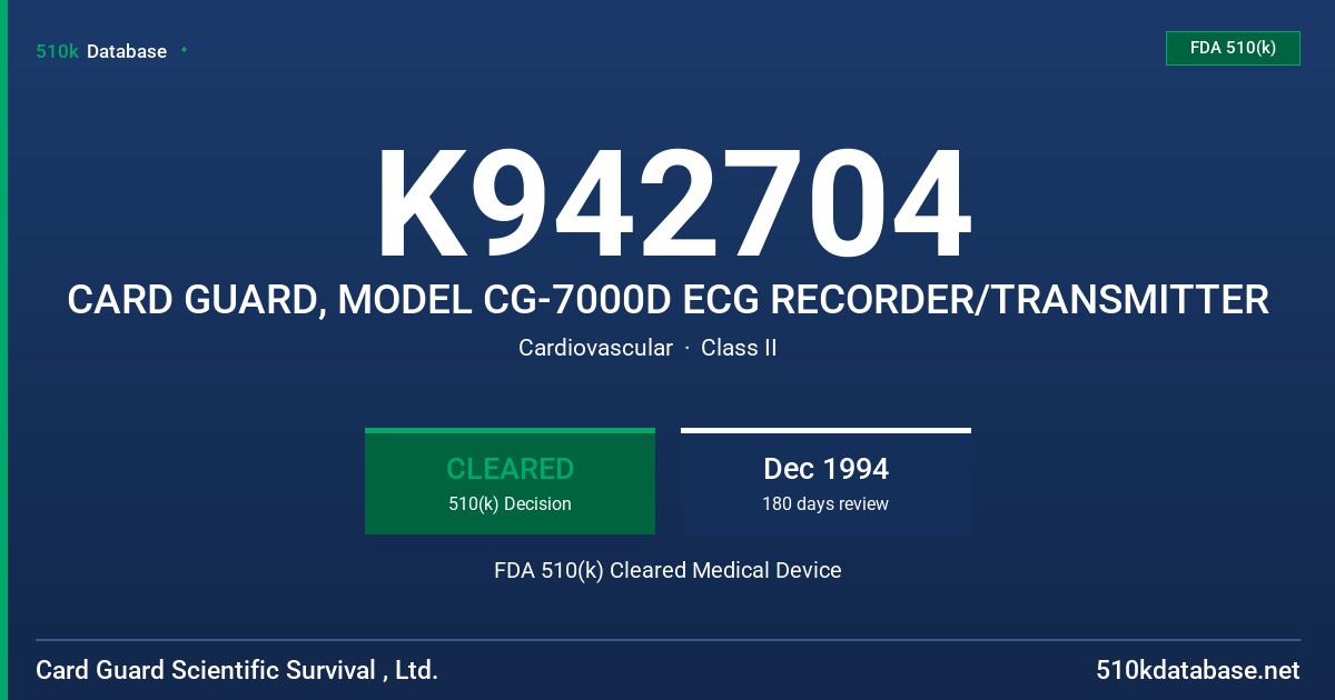 K942704 CARD GUARD, MODEL CG-7000D ECG RECORDER/TRANSMITTER FDA 510(k) Cleared Medical Device