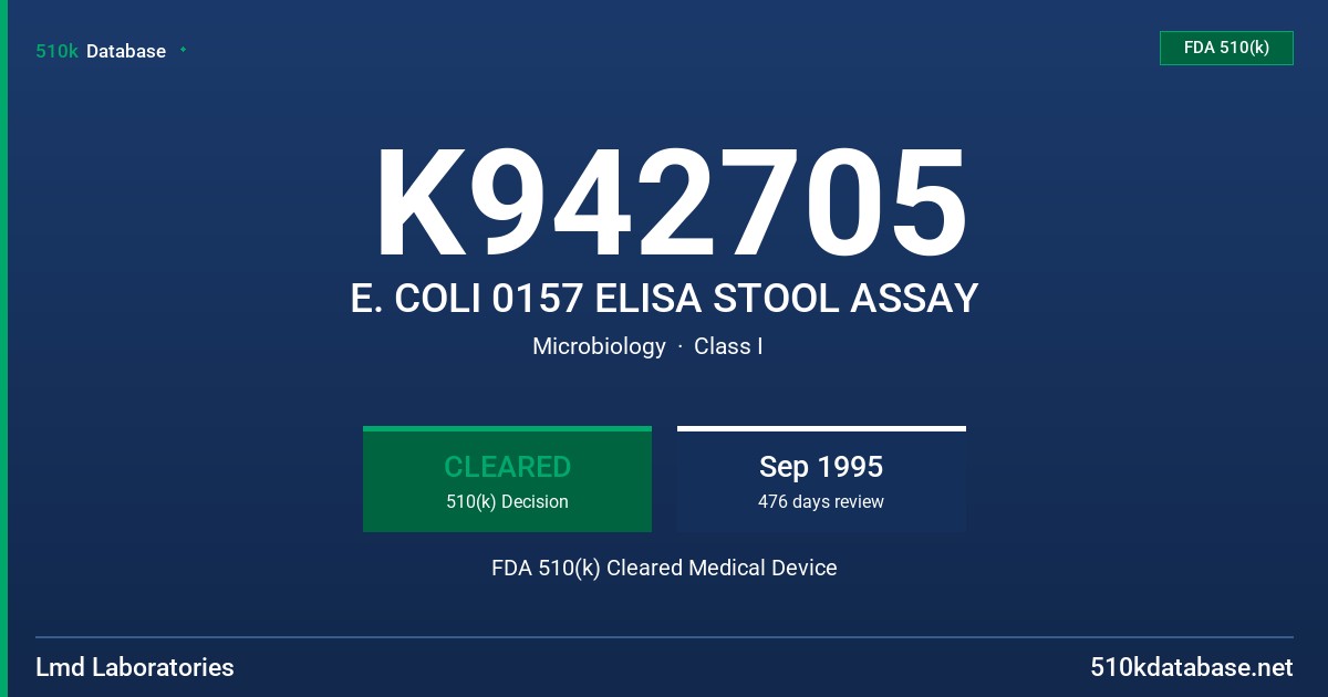 K942705 E. COLI 0157 ELISA STOOL ASSAY FDA 510(k) Cleared Medical Device