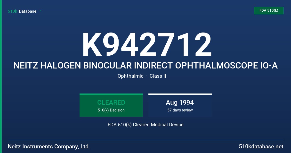 K942712 NEITZ HALOGEN BINOCULAR INDIRECT OPHTHALMOSCOPE IO-A FDA 510(k) Cleared Medical Device