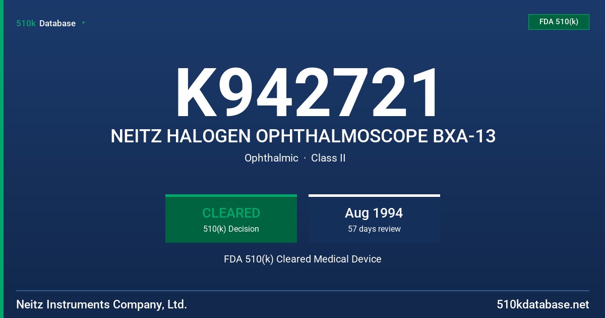 K942721 NEITZ HALOGEN OPHTHALMOSCOPE BXA-13 FDA 510(k) Cleared Medical Device