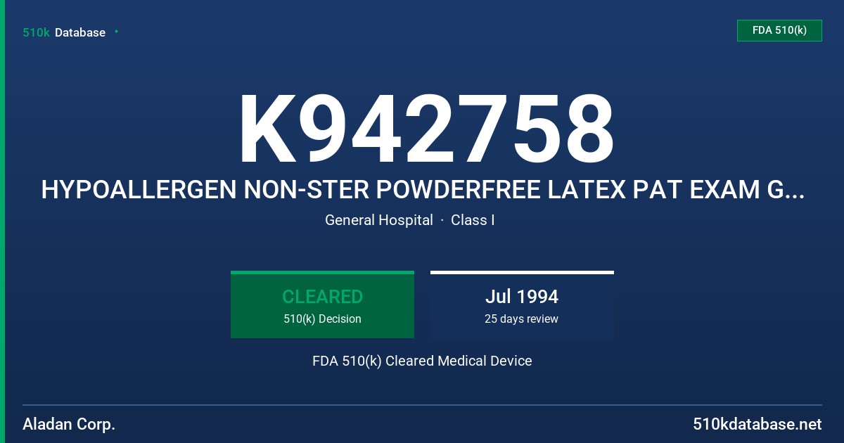 K942758 HYPOALLERGEN NON-STER POWDERFREE LATEX PAT EXAM GLOVE FDA 510(k) Cleared Medical Device