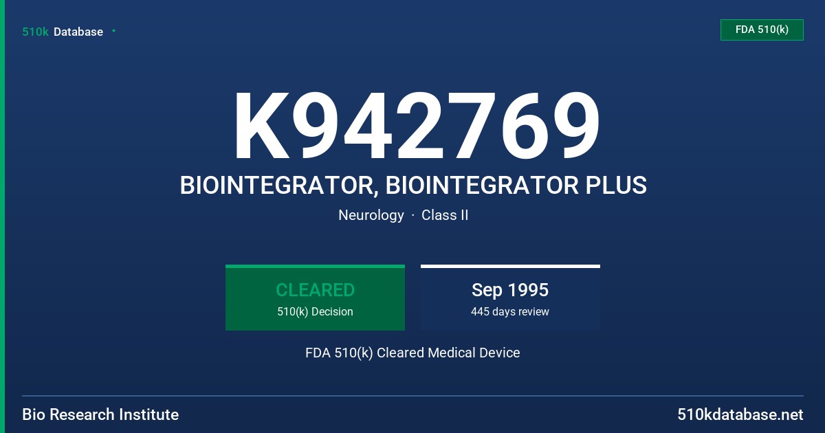 K942769 BIOINTEGRATOR, BIOINTEGRATOR PLUS FDA 510(k) Cleared Medical Device