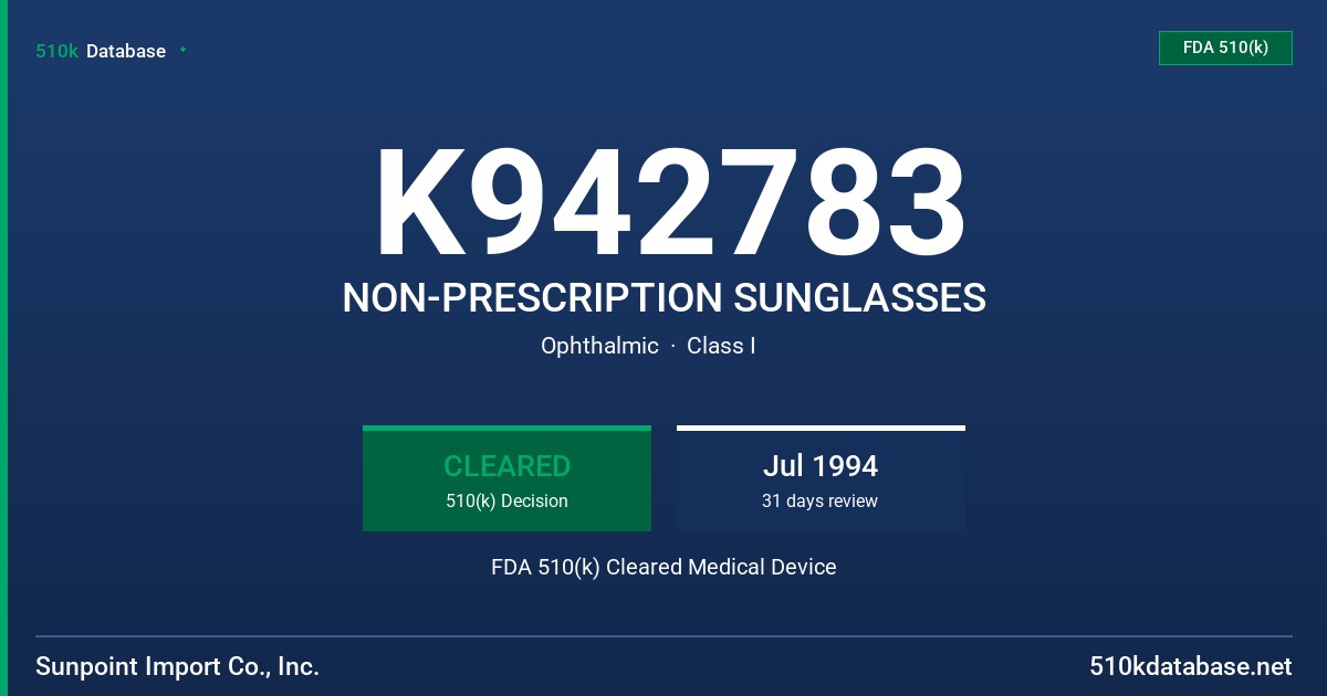 K942783 NON-PRESCRIPTION SUNGLASSES FDA 510(k) Cleared Medical Device