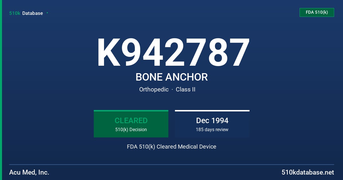 K942787 BONE ANCHOR FDA 510(k) Cleared Medical Device