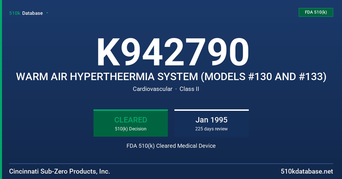 K942790 WARM AIR HYPERTHEERMIA SYSTEM (MODELS #130 AND #133) FDA 510(k) Cleared Medical Device