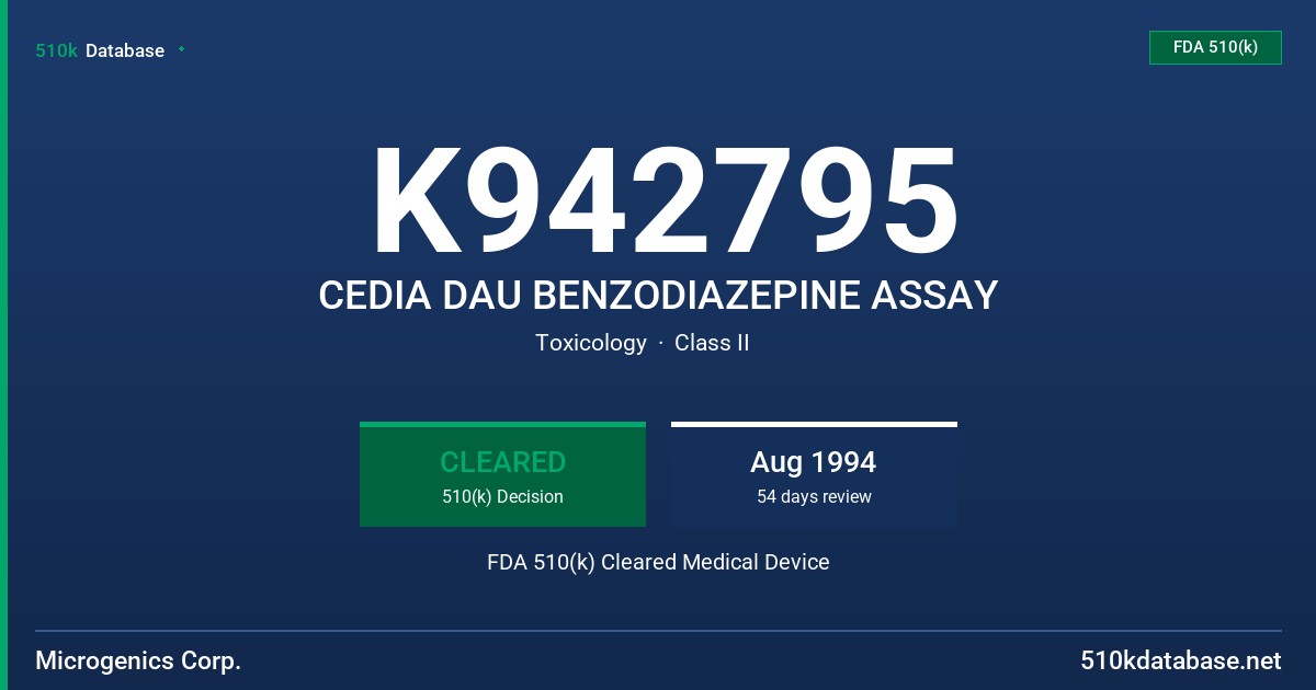 K942795 CEDIA DAU BENZODIAZEPINE ASSAY FDA 510(k) Cleared Medical Device