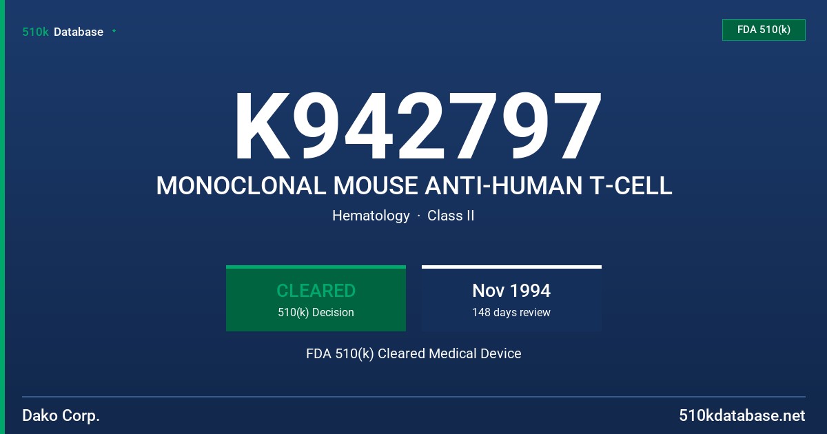 K942797 MONOCLONAL MOUSE ANTI-HUMAN T-CELL FDA 510(k) Cleared Medical Device