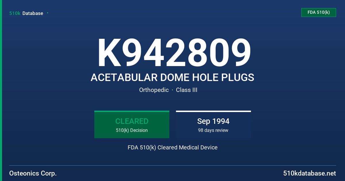 K942809 ACETABULAR DOME HOLE PLUGS FDA 510(k) Cleared Medical Device