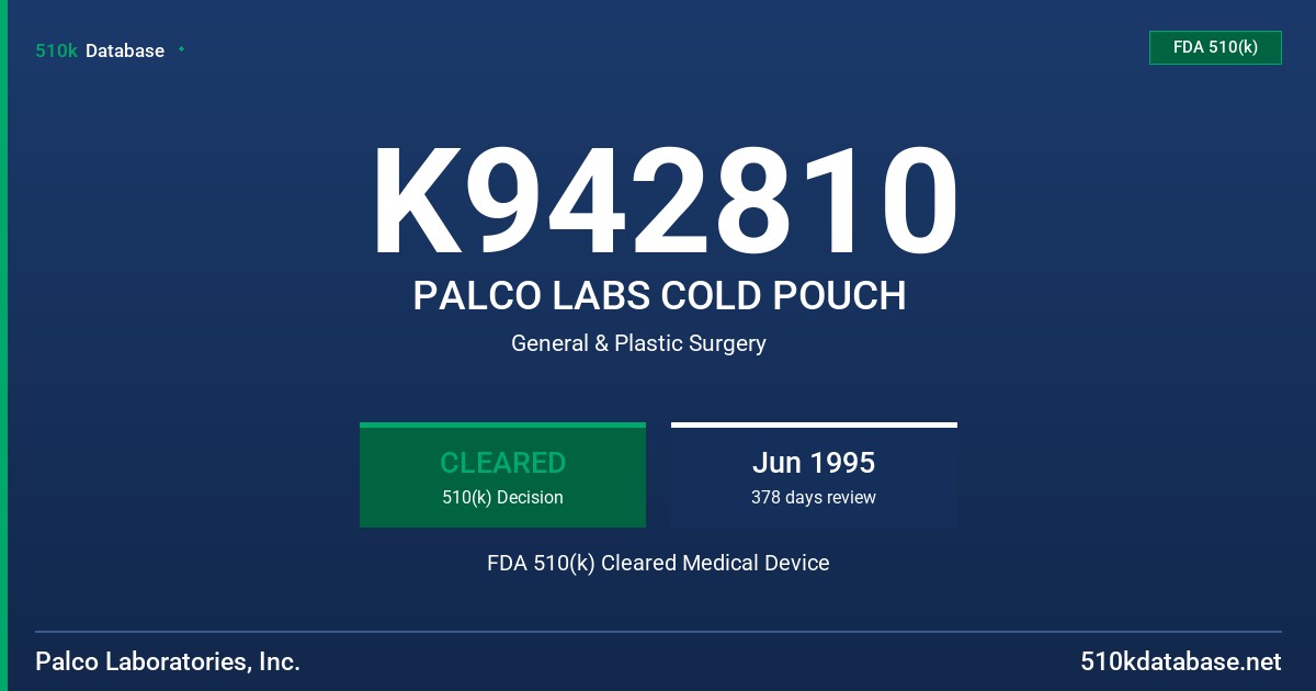 K942810 PALCO LABS COLD POUCH FDA 510(k) Cleared Medical Device