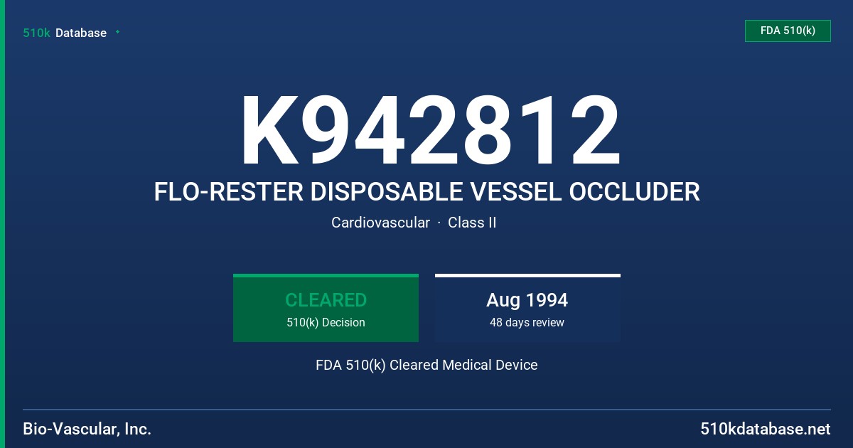 K942812 FLO-RESTER DISPOSABLE VESSEL OCCLUDER FDA 510(k) Cleared Medical Device
