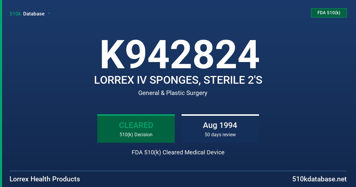 K942824 LORREX IV SPONGES, STERILE 2'S FDA 510(k) Cleared Medical Device