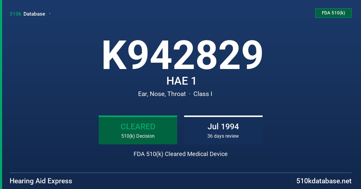 K942829 HAE 1 FDA 510(k) Cleared Medical Device