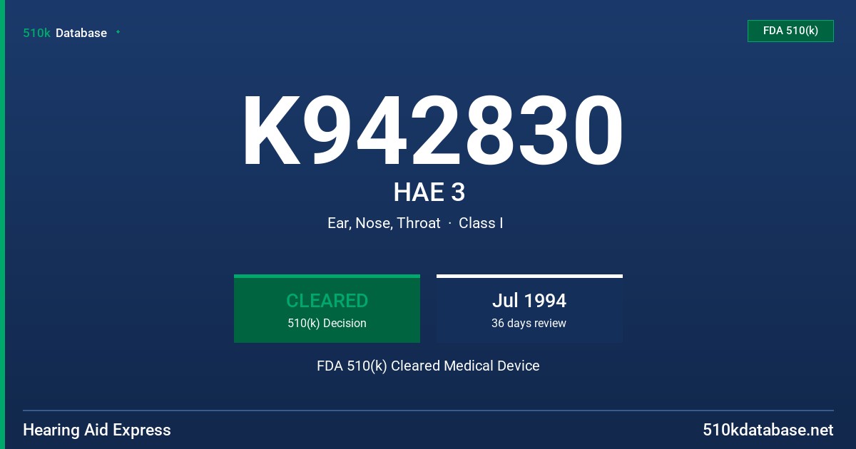 K942830 HAE 3 FDA 510(k) Cleared Medical Device