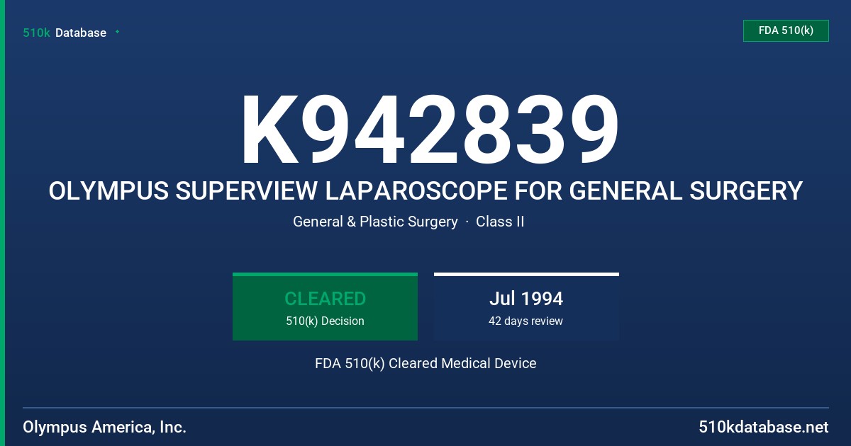 K942839 OLYMPUS SUPERVIEW LAPAROSCOPE FOR GENERAL SURGERY FDA 510(k) Cleared Medical Device