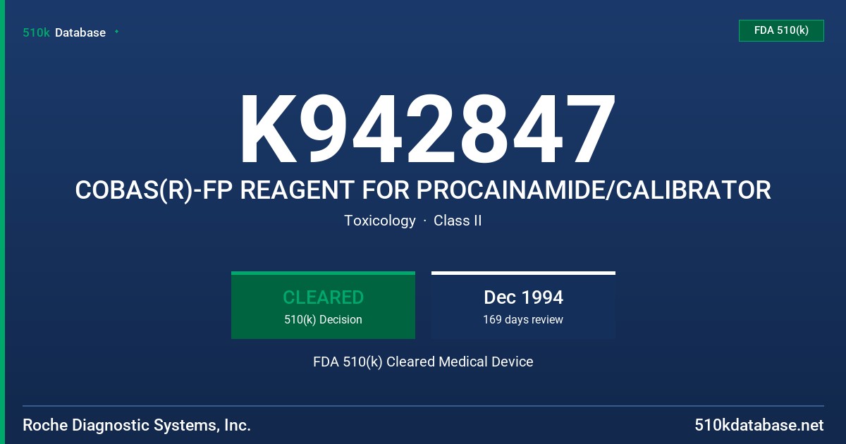 K942847 COBAS(R)-FP REAGENT FOR PROCAINAMIDE/CALIBRATOR FDA 510(k) Cleared Medical Device