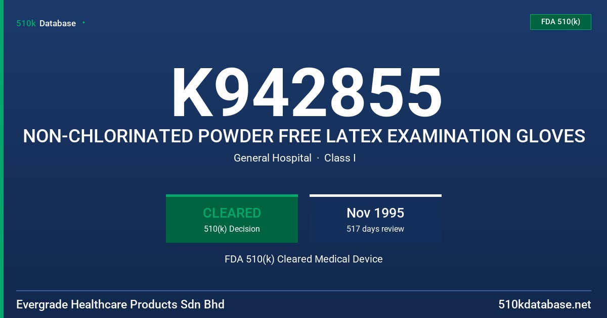 K942855 NON-CHLORINATED POWDER FREE LATEX EXAMINATION GLOVES FDA 510(k) Cleared Medical Device