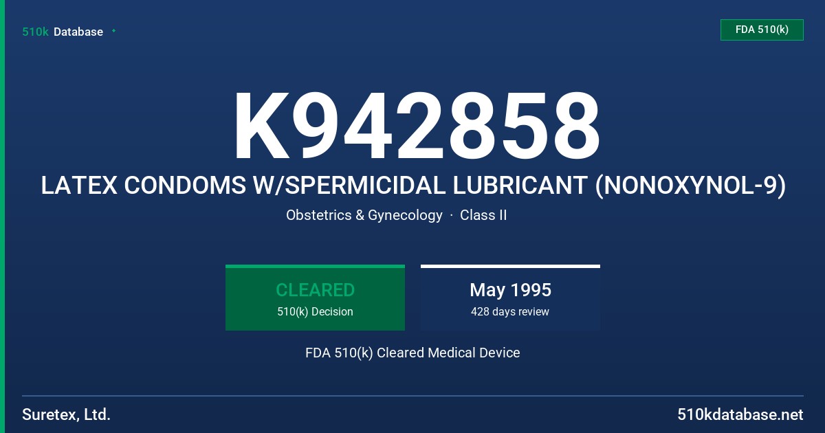 K942858 LATEX CONDOMS W/SPERMICIDAL LUBRICANT (NONOXYNOL-9) FDA 510(k) Cleared Medical Device