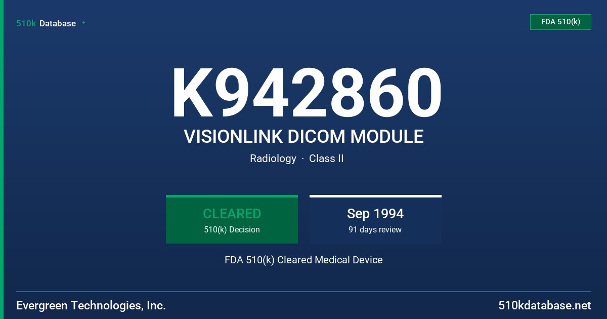 K942860 VISIONLINK DICOM MODULE FDA 510(k) Cleared Medical Device