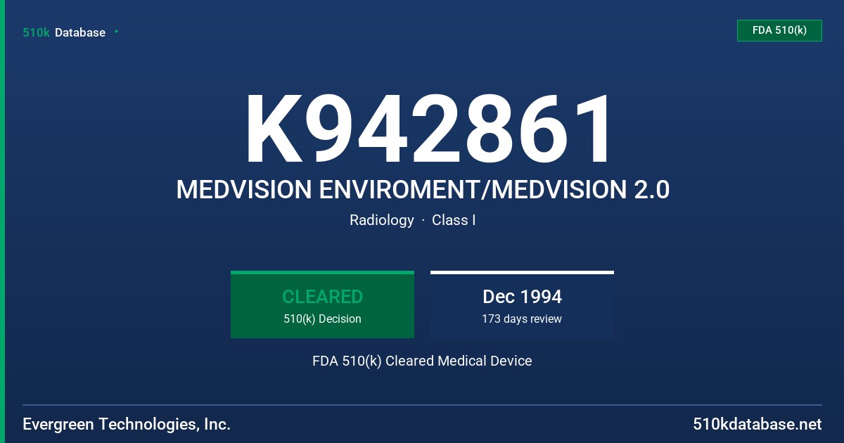 K942861 MEDVISION ENVIROMENT/MEDVISION 2.0 FDA 510(k) Cleared Medical Device