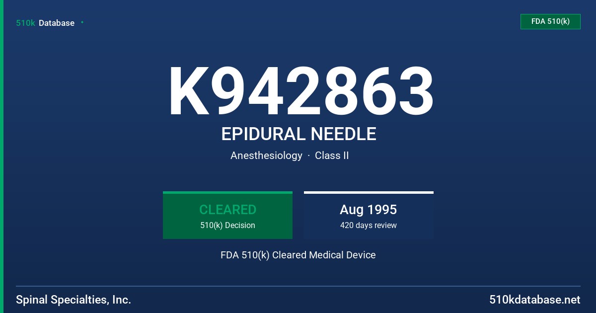 K942863 EPIDURAL NEEDLE FDA 510(k) Cleared Medical Device