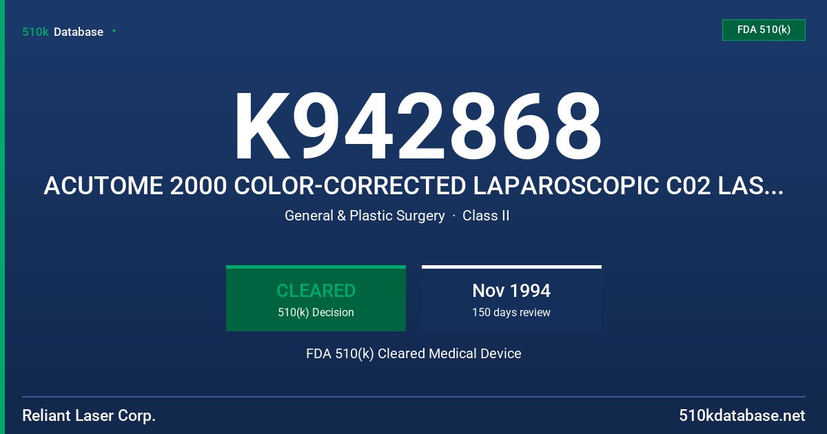 K942868 ACUTOME 2000 COLOR-CORRECTED LAPAROSCOPIC C02 LASER COUPLER AND SLEEVES FDA 510(k) Cleared Medical Device