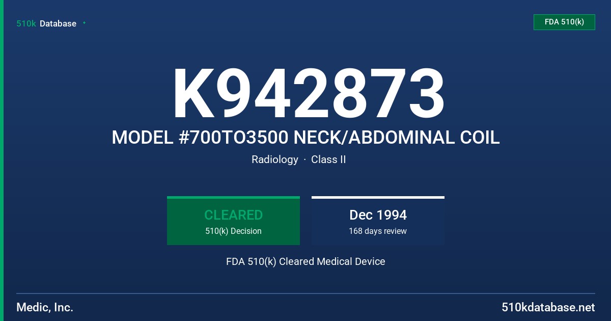 K942873 MODEL #700TO3500 NECK/ABDOMINAL COIL FDA 510(k) Cleared Medical Device