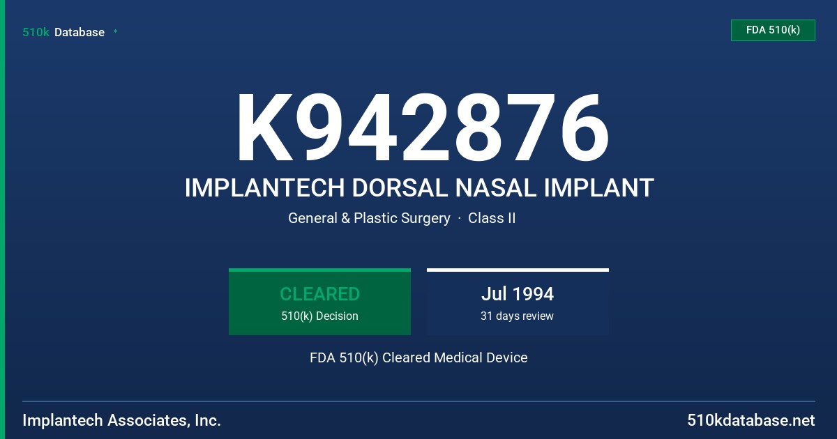 K942876 IMPLANTECH DORSAL NASAL IMPLANT FDA 510(k) Cleared Medical Device