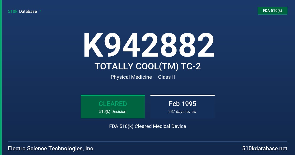 K942882 TOTALLY COOL(TM) TC-2 FDA 510(k) Cleared Medical Device