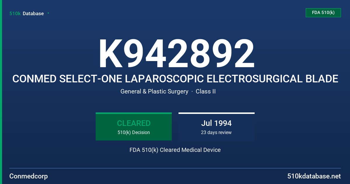 K942892 CONMED SELECT-ONE LAPAROSCOPIC ELECTROSURGICAL BLADE FDA 510(k) Cleared Medical Device