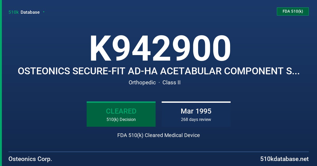 K942900 OSTEONICS SECURE-FIT AD-HA ACETABULAR COMPONENT SYSTEM FDA 510(k) Cleared Medical Device