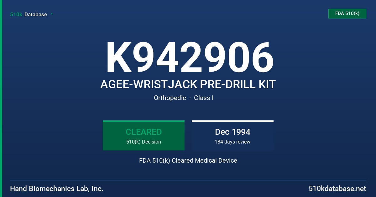 K942906 AGEE-WRISTJACK PRE-DRILL KIT FDA 510(k) Cleared Medical Device