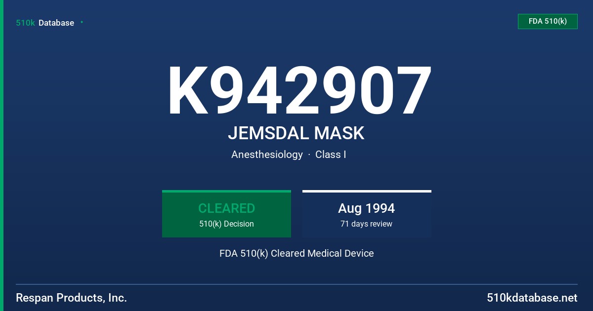 K942907 JEMSDAL MASK FDA 510(k) Cleared Medical Device
