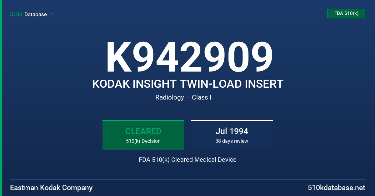 K942909 KODAK INSIGHT TWIN-LOAD INSERT FDA 510(k) Cleared Medical Device