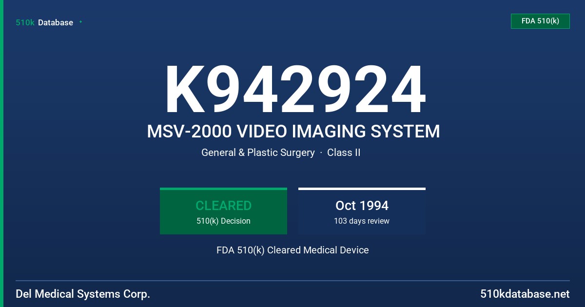 K942924 MSV-2000 VIDEO IMAGING SYSTEM FDA 510(k) Cleared Medical Device