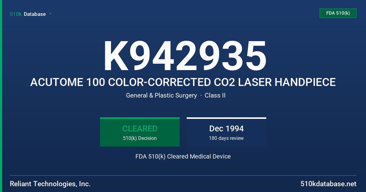 K942935 ACUTOME 100 COLOR-CORRECTED CO2 LASER HANDPIECE FDA 510(k) Cleared Medical Device