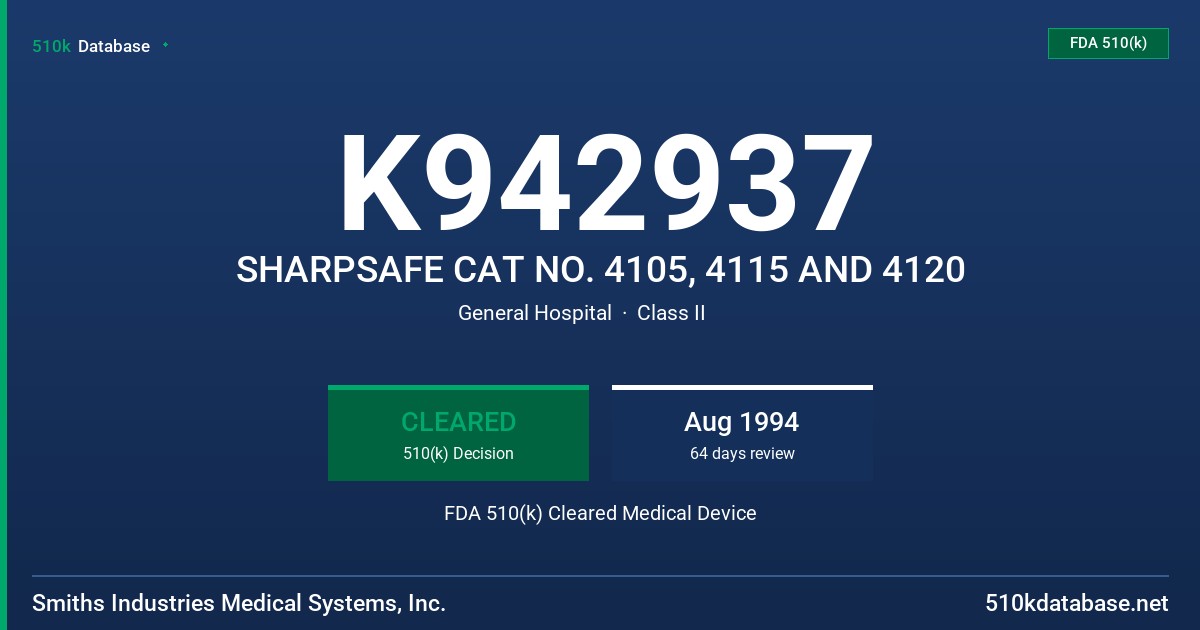 K942937 SHARPSAFE CAT NO. 4105, 4115 AND 4120 FDA 510(k) Cleared Medical Device