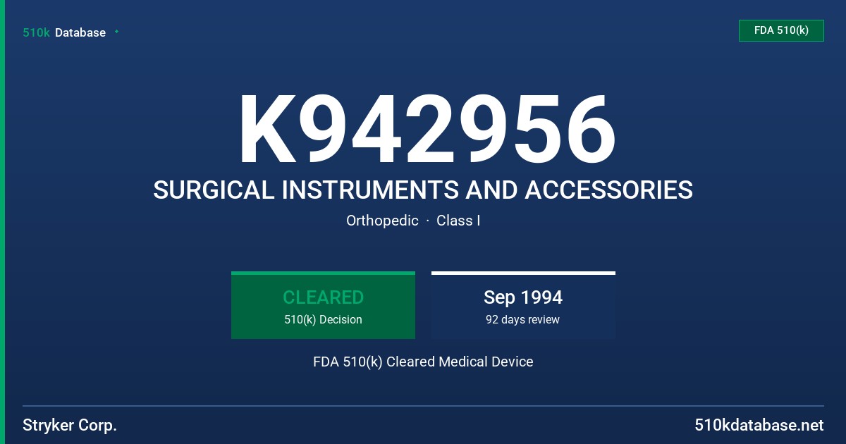 K942956 SURGICAL INSTRUMENTS AND ACCESSORIES FDA 510(k) Cleared Medical Device