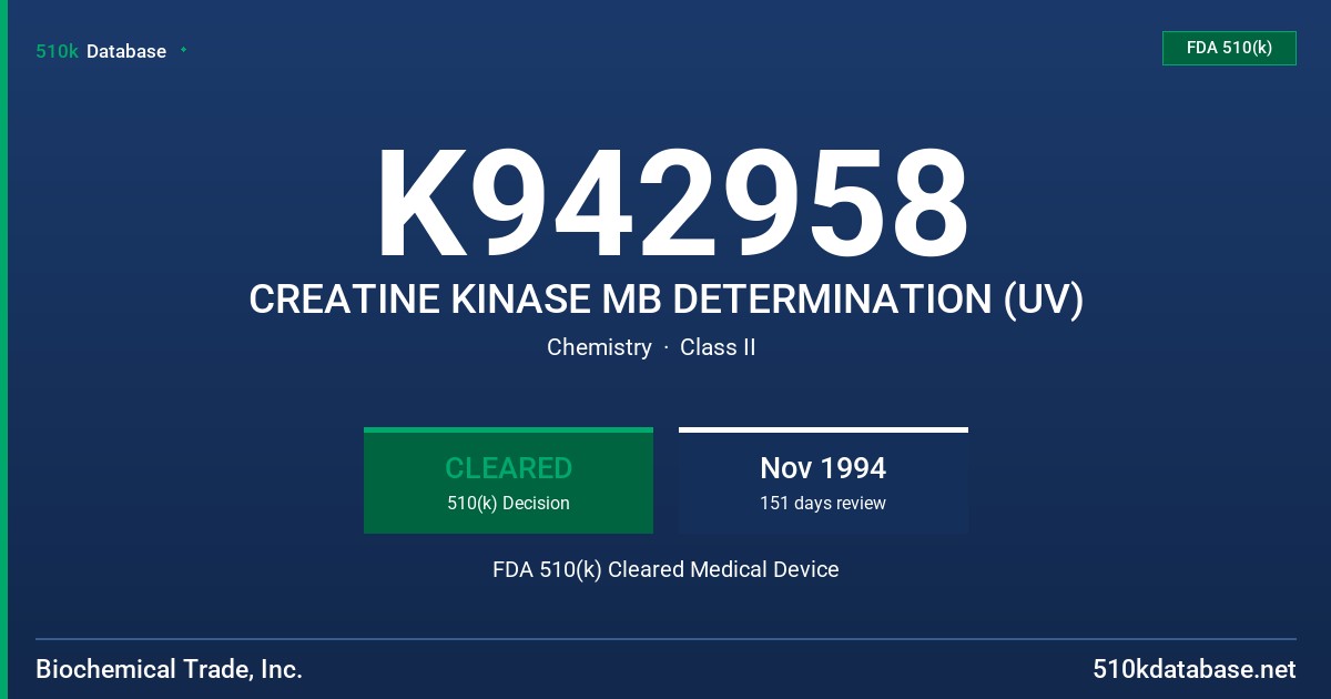 K942958 CREATINE KINASE MB DETERMINATION (UV) FDA 510(k) Cleared Medical Device