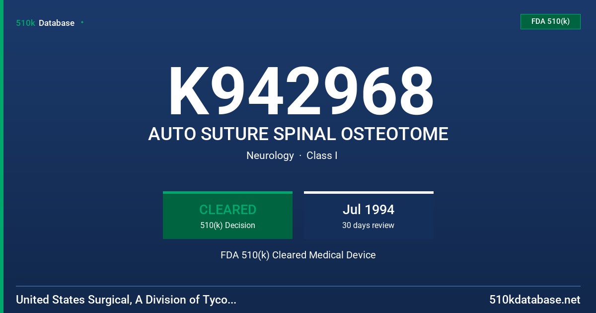 K942968 AUTO SUTURE SPINAL OSTEOTOME FDA 510(k) Cleared Medical Device