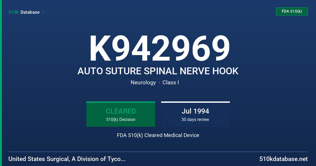 K942969 AUTO SUTURE SPINAL NERVE HOOK FDA 510(k) Cleared Medical Device