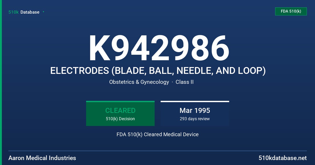K942986 ELECTRODES (BLADE, BALL, NEEDLE, AND LOOP) FDA 510(k) Cleared Medical Device